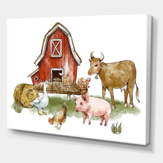 Designart - Farm House With Goose Chicken Cow Pig and Haystack